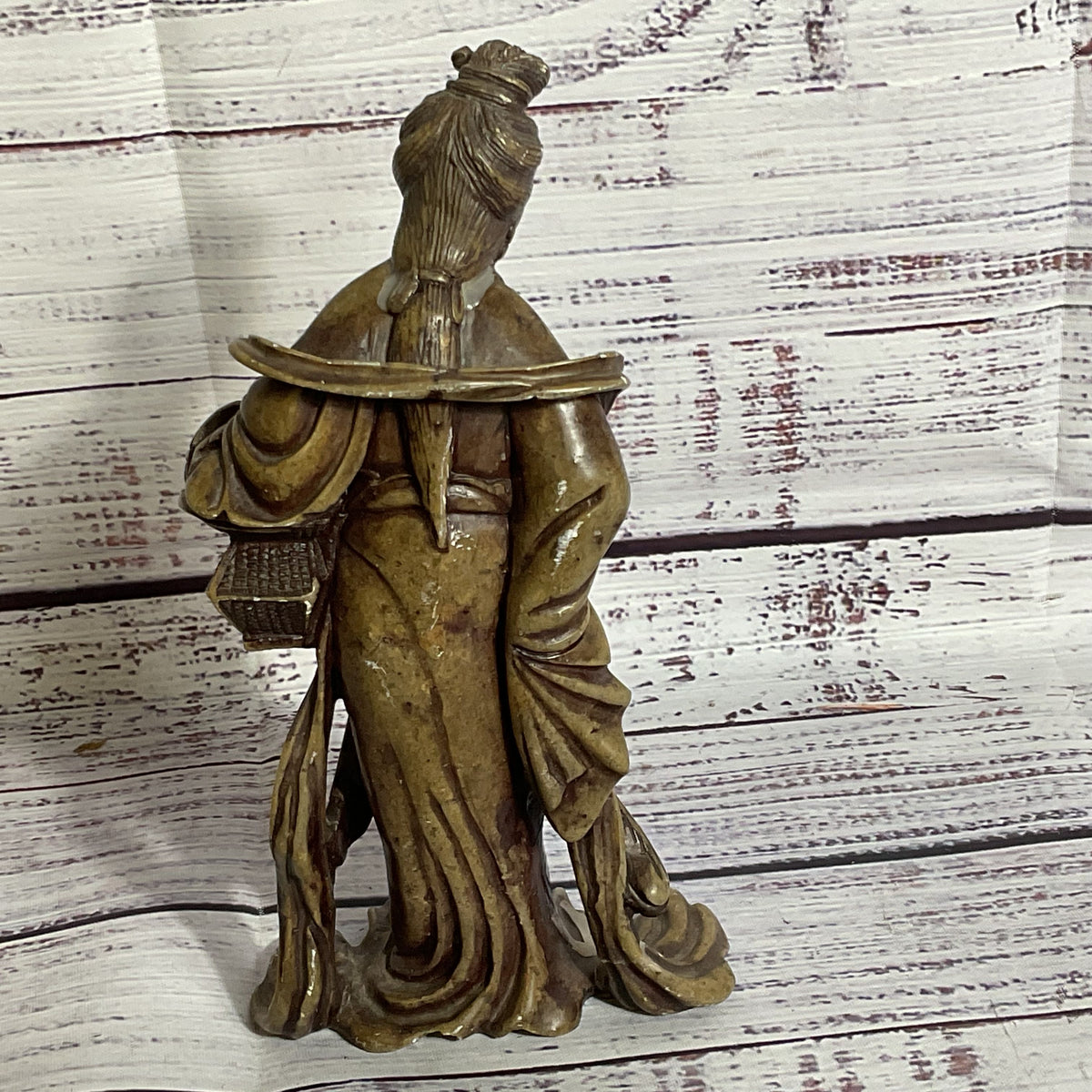 Signed VTG./ANTIQUE Chinese Quan Yin Holding Basket Soapstone Figurine- 7"