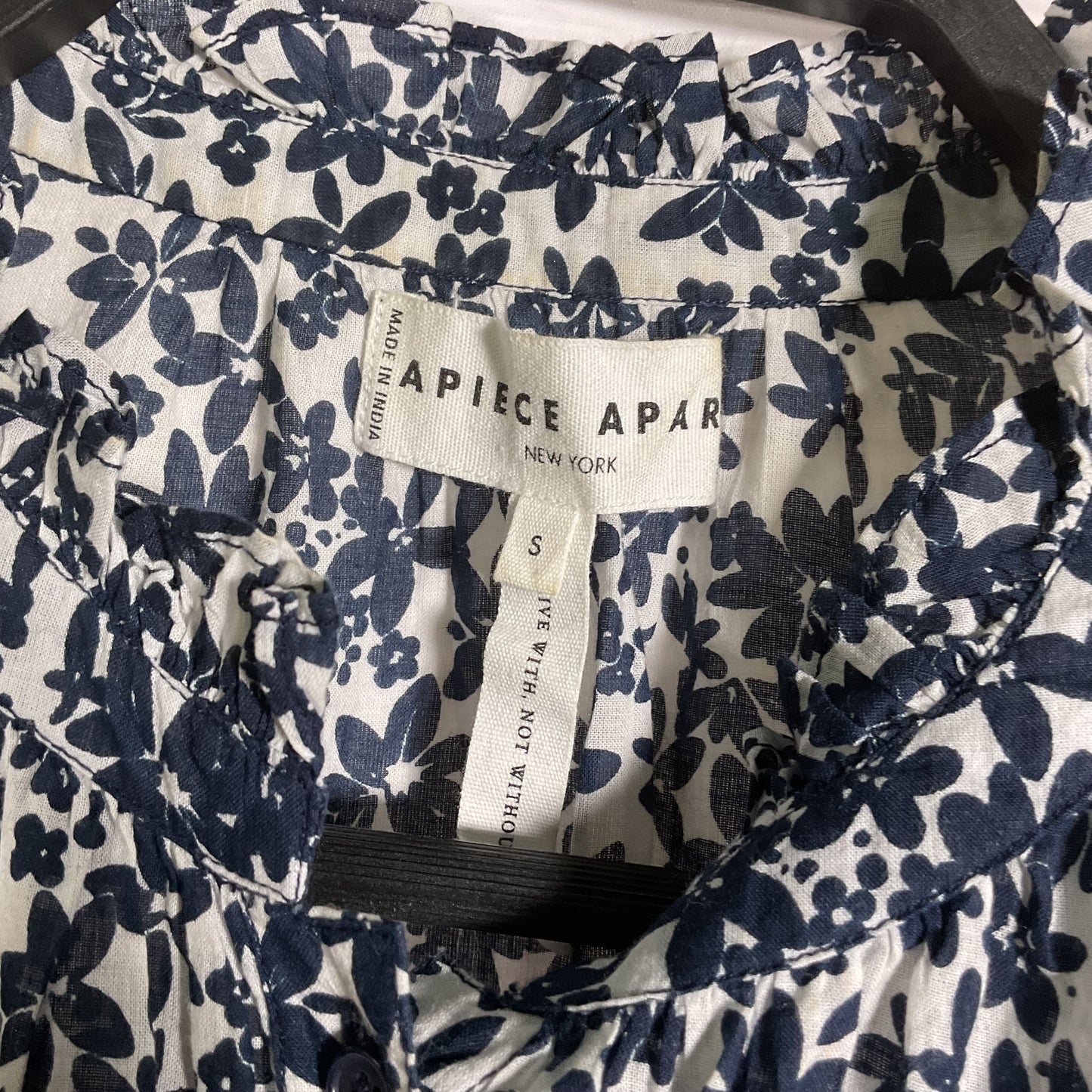 Apiece Apart White Navy Blue Floral Print Cotton Short Sleeve Blouse - Size S