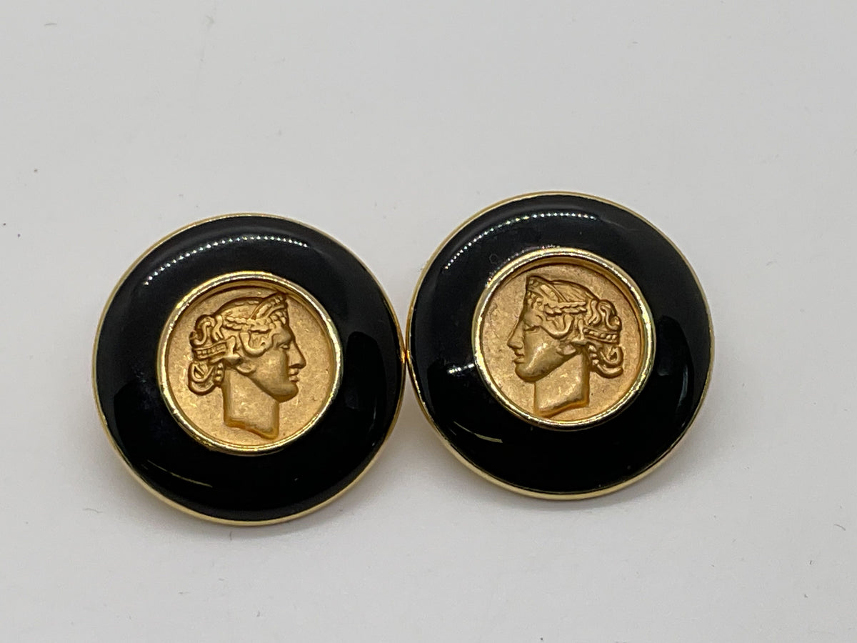 VTG. MONET Black Lucite Gold Tone Greek Roman Coin 1" Earrings