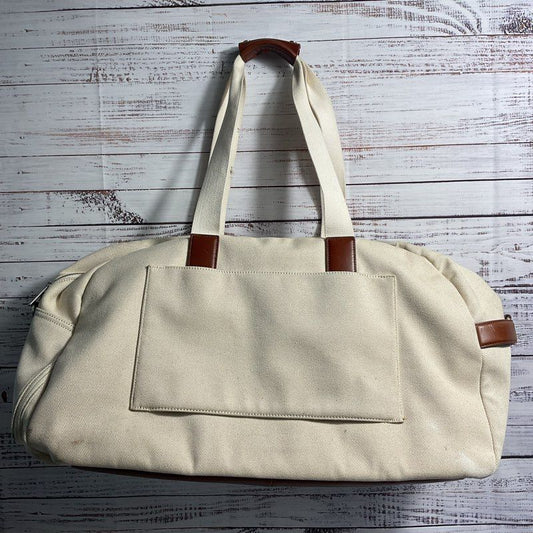 AWAY Off White Canvas Brown Leather Trim Weekender Duffel Bag Carry On
