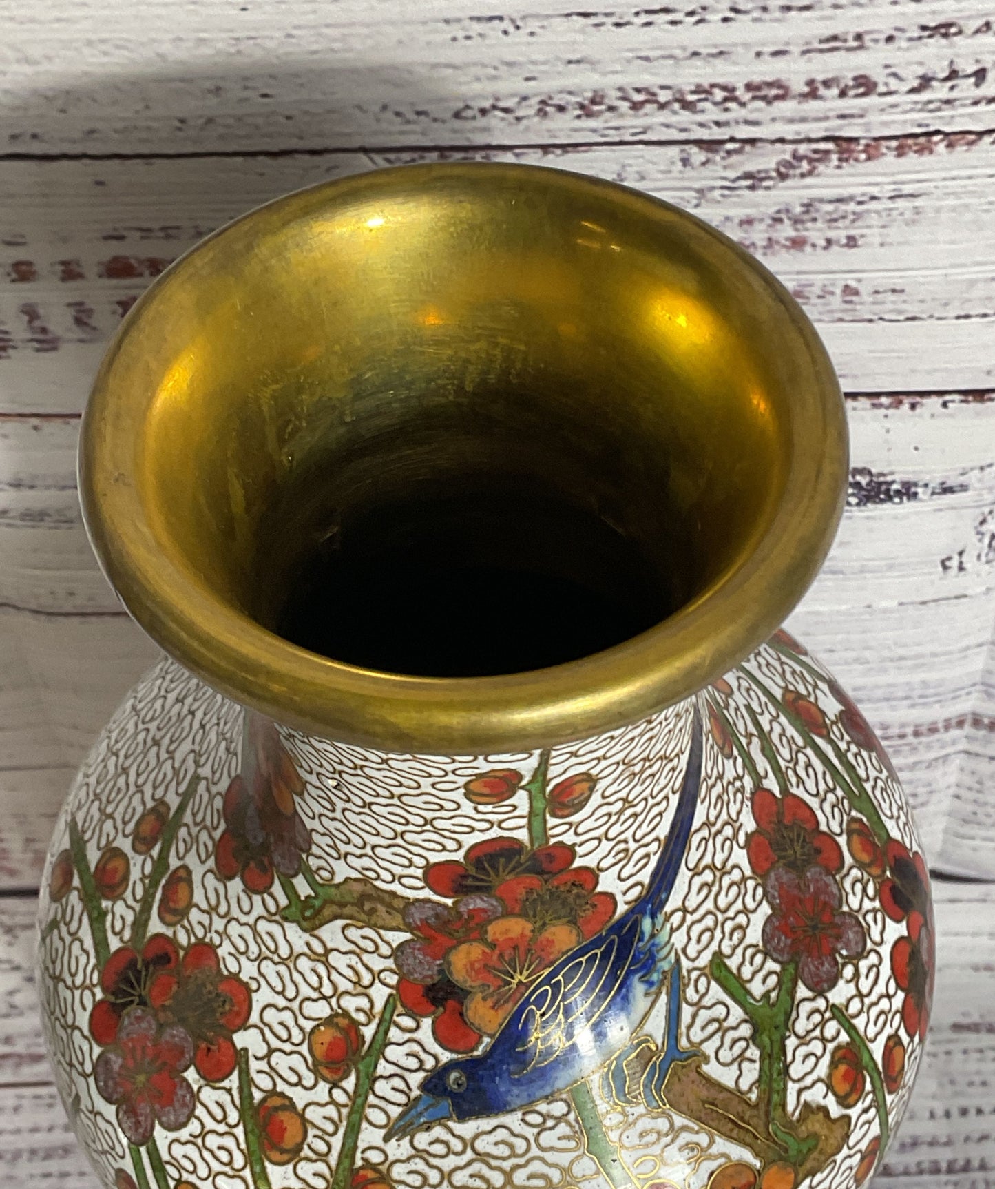 VTG. Chinese Floral Cloisonne Enamel Brass Vase with Wood Stand- 9.5"