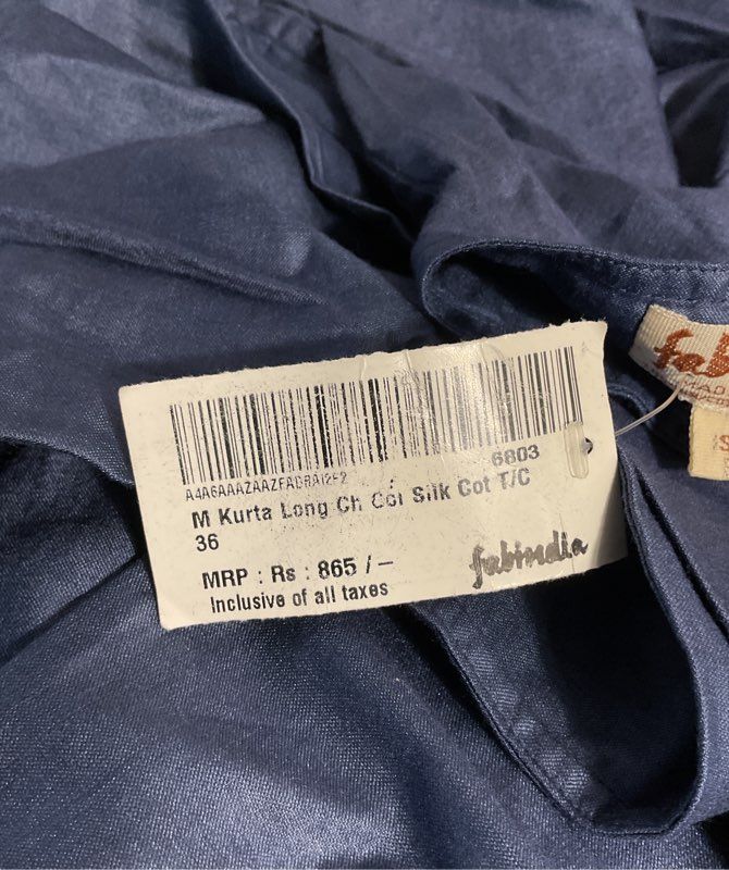 NEW Fabindia Shirt Men's Kurta Long Slim Fit Khadi 1/4 Button Blue Size 36