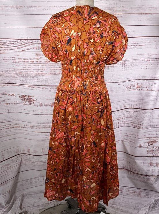 A.L.C Lucia Floral V Neck Smocked Waist A-Line Midi Dress Multicolor 0