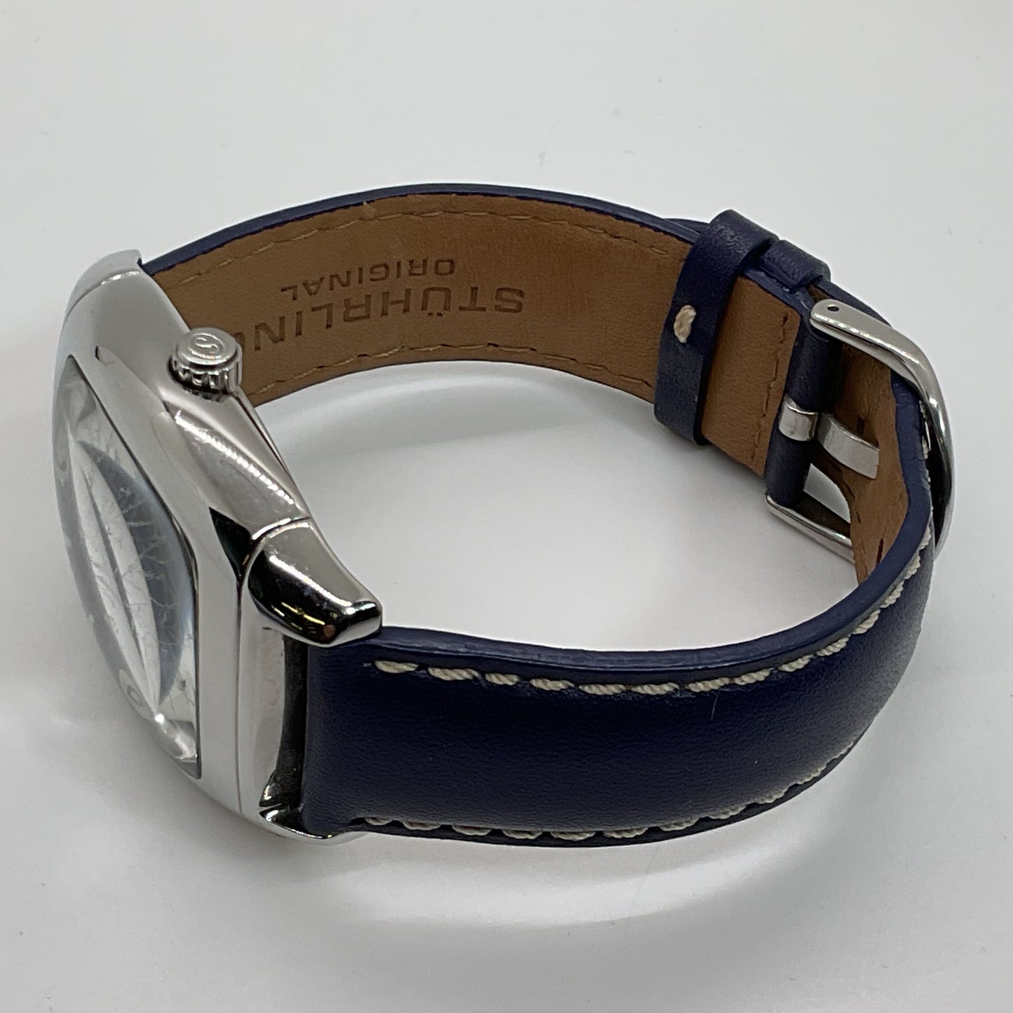 STUHRLING Men's Stainless Princeton II Blue Leather Band Quartz Watch