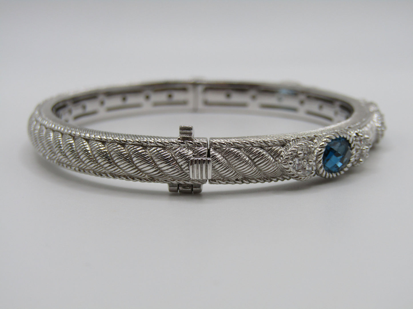 Judith Ripka Sterling Silver Blue Topaz Heart Cable Bangle Bracelet