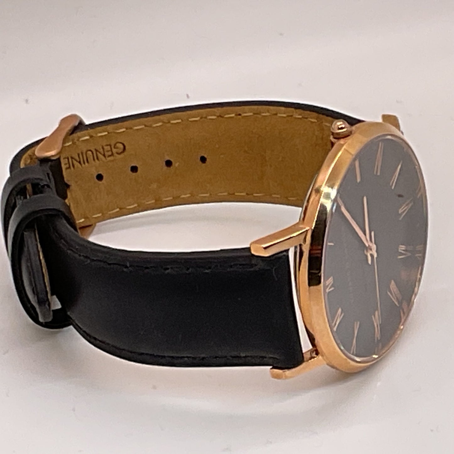 LEONARD & CHURCH Men's Gold Tone Black Leather Band Watch