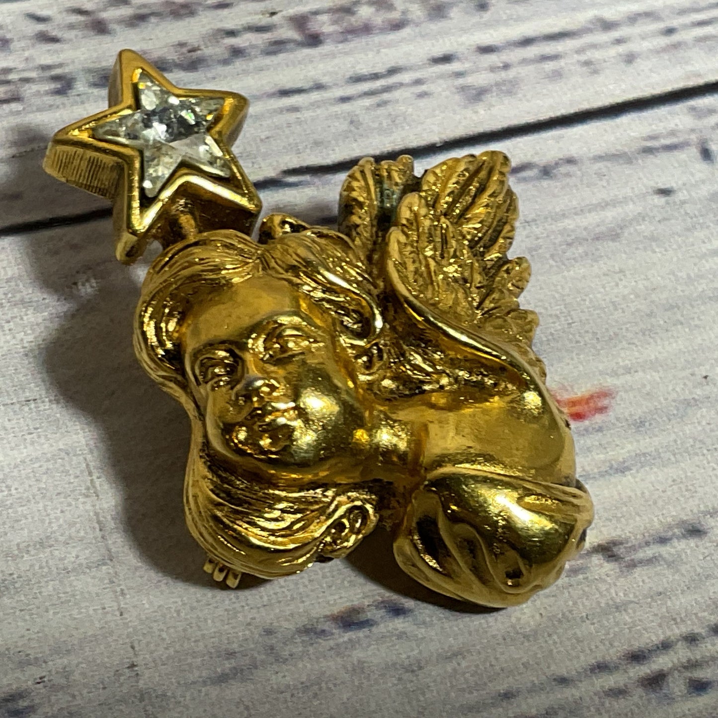 VTG. BARRERA Gold Tone & Rhinestone Cherub & Star Brooch- 2"