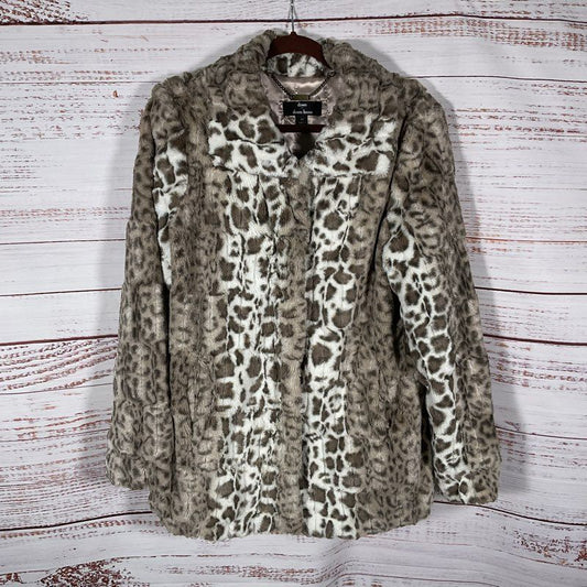 Dennis Basso White/Gray Snow Leopard Print Faux Fur Jacket - Size M