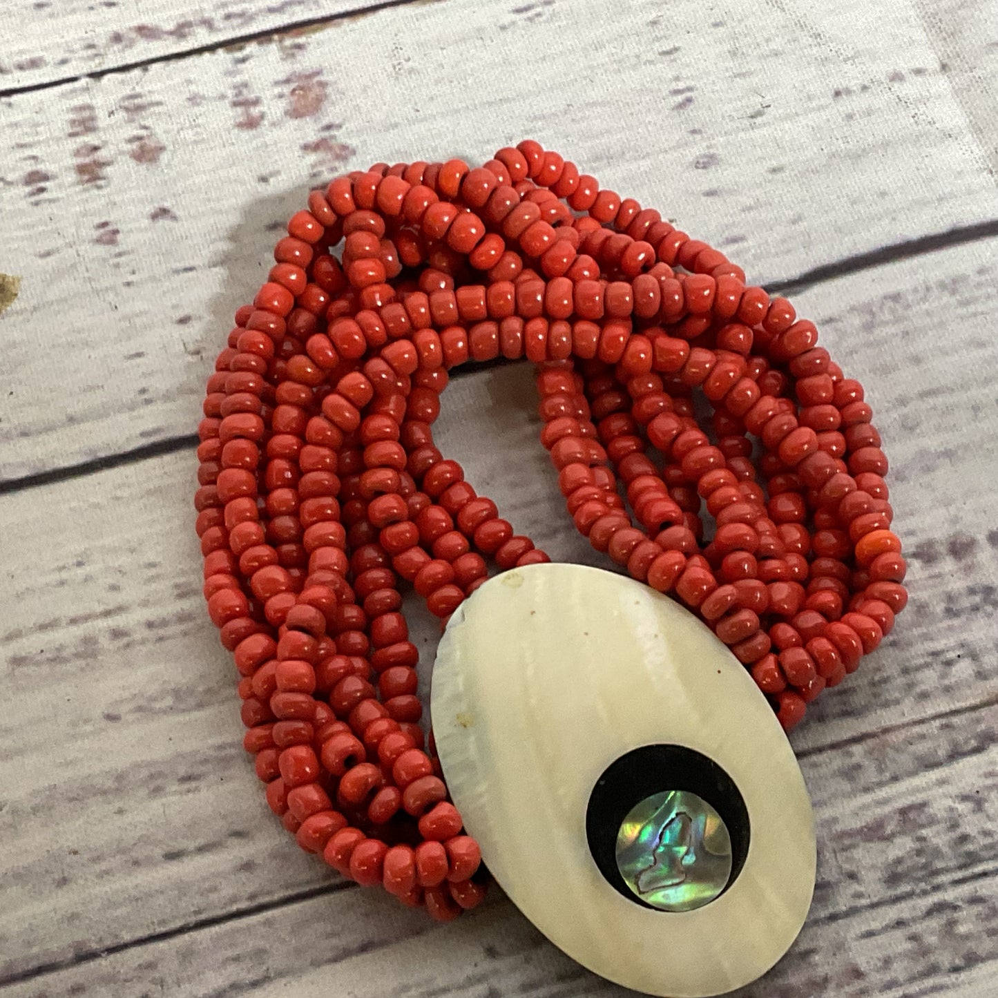 VTG. Red Coral MOP & Abalone Multi Strand Stretch Bracelet