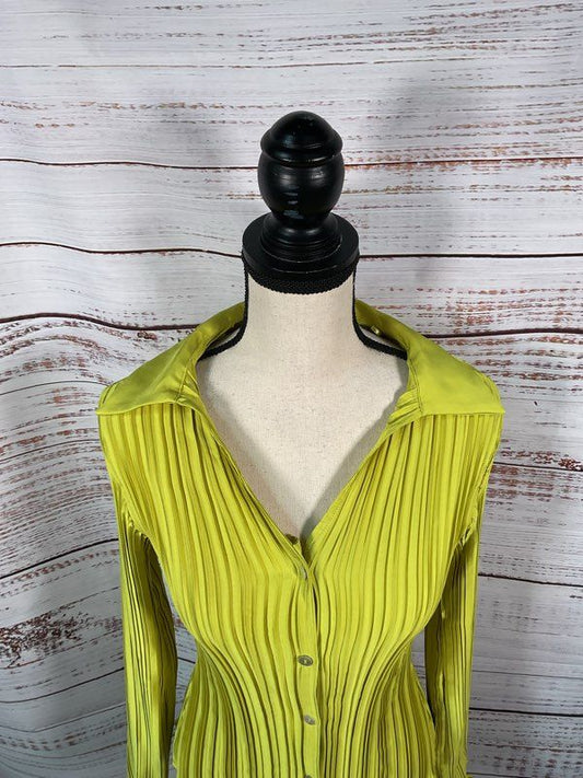 MNG By MANGO Women's Lime Button Up Shirred Long Sleeve Shirt Size 4