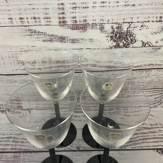 Sasaki Water/wine Glasses Black Stem Base Gold Accents Set Of 4 3/3
