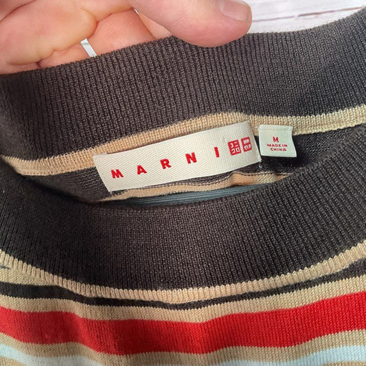 Marni Orange & Red Striped Pattern Clash Wool Blend Sleeveless Midi Dress sz M