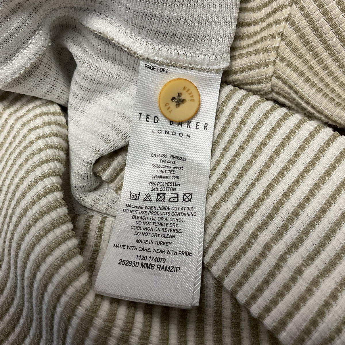 Ted Baker White Tan Striped Ribbed Knit Quarter Zip Polo Shirt - Size 4