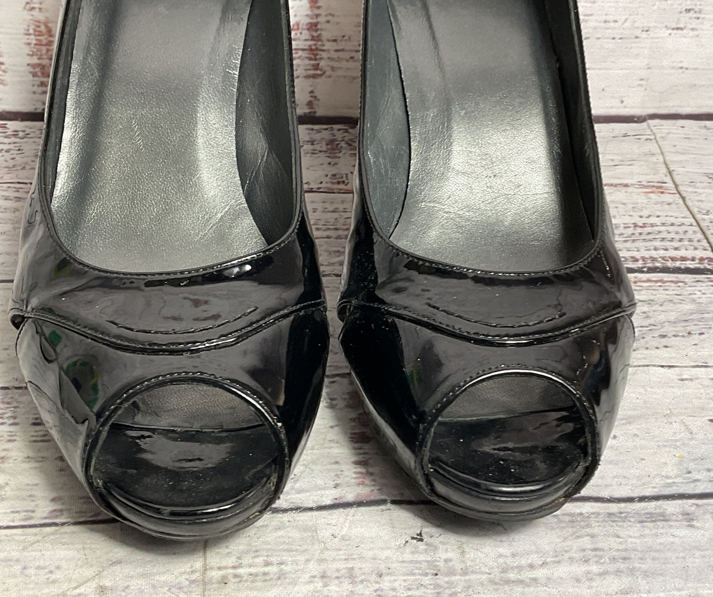 Stuart Weitzman Overit Patent Leather Peep-Toe Heels Black 8.5