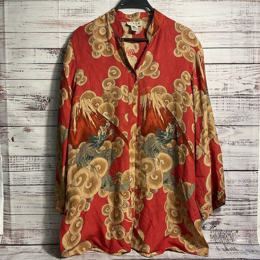 VTG. Citron Red Silk Dragon Pattern Mandarin Collar Button Up Tunic Blouse sz S