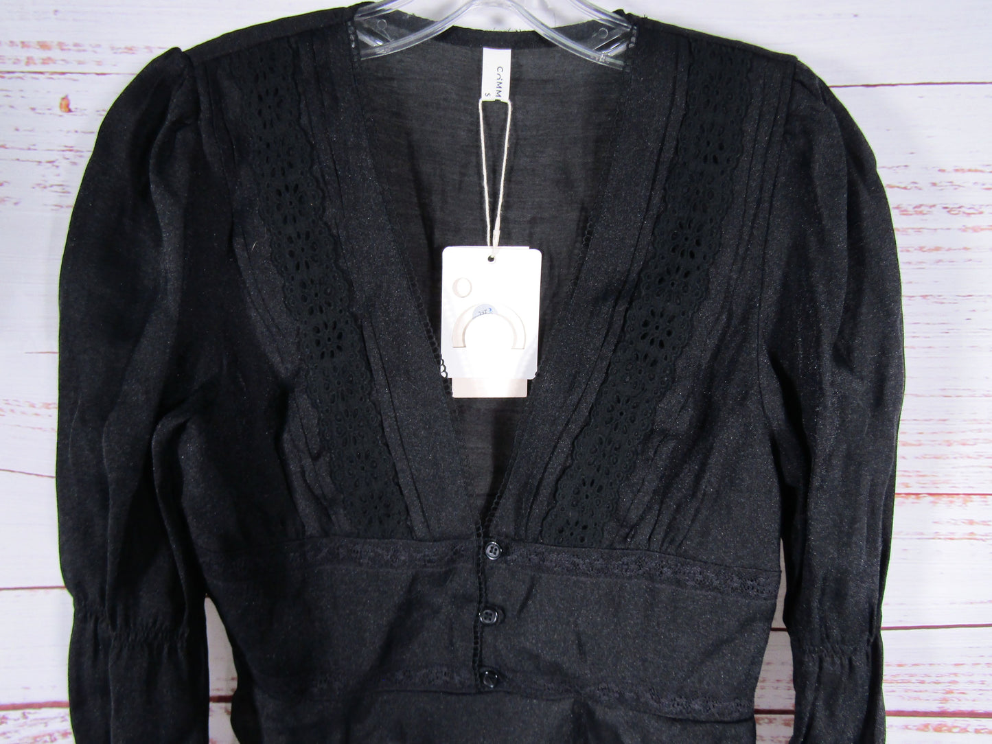 Commense Women's Black Ruffle Sleeve Embroidered Blouse Size S