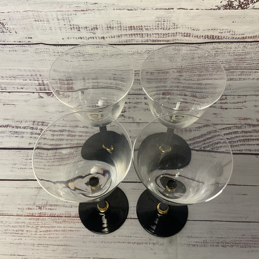Sasaki Water/wine Glasses Black Stem Base Gold Accents Set Of 4