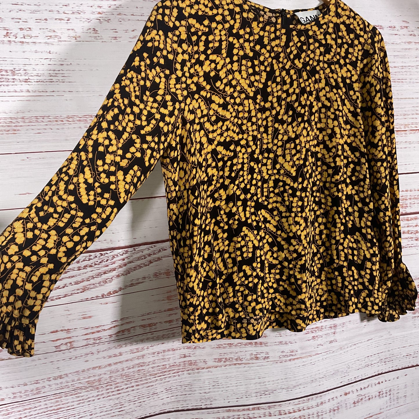 Ganni Black Yellow Floral Print Long Sleeve Blouse Top - Size 34