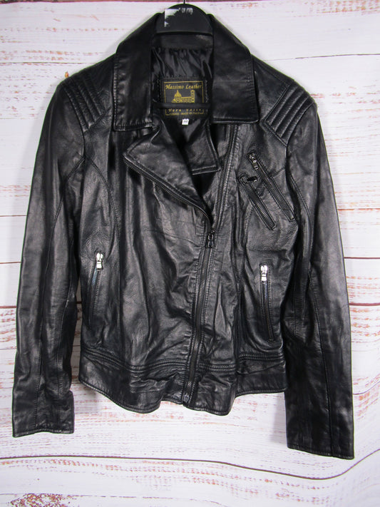Massimo Women's Black Leather Moto Jacket Size 48 Made in Italy