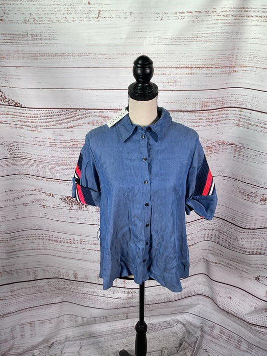 NEW Tanya Taylor Women's Button Up Blue Collared Top Short Sleeve Size 10