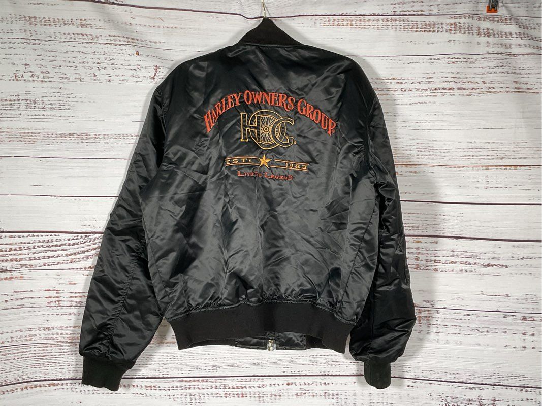 HARLEY DAVIDSON Harley Ownders Group Men's Black Satin Bomber Jacket- SZ L