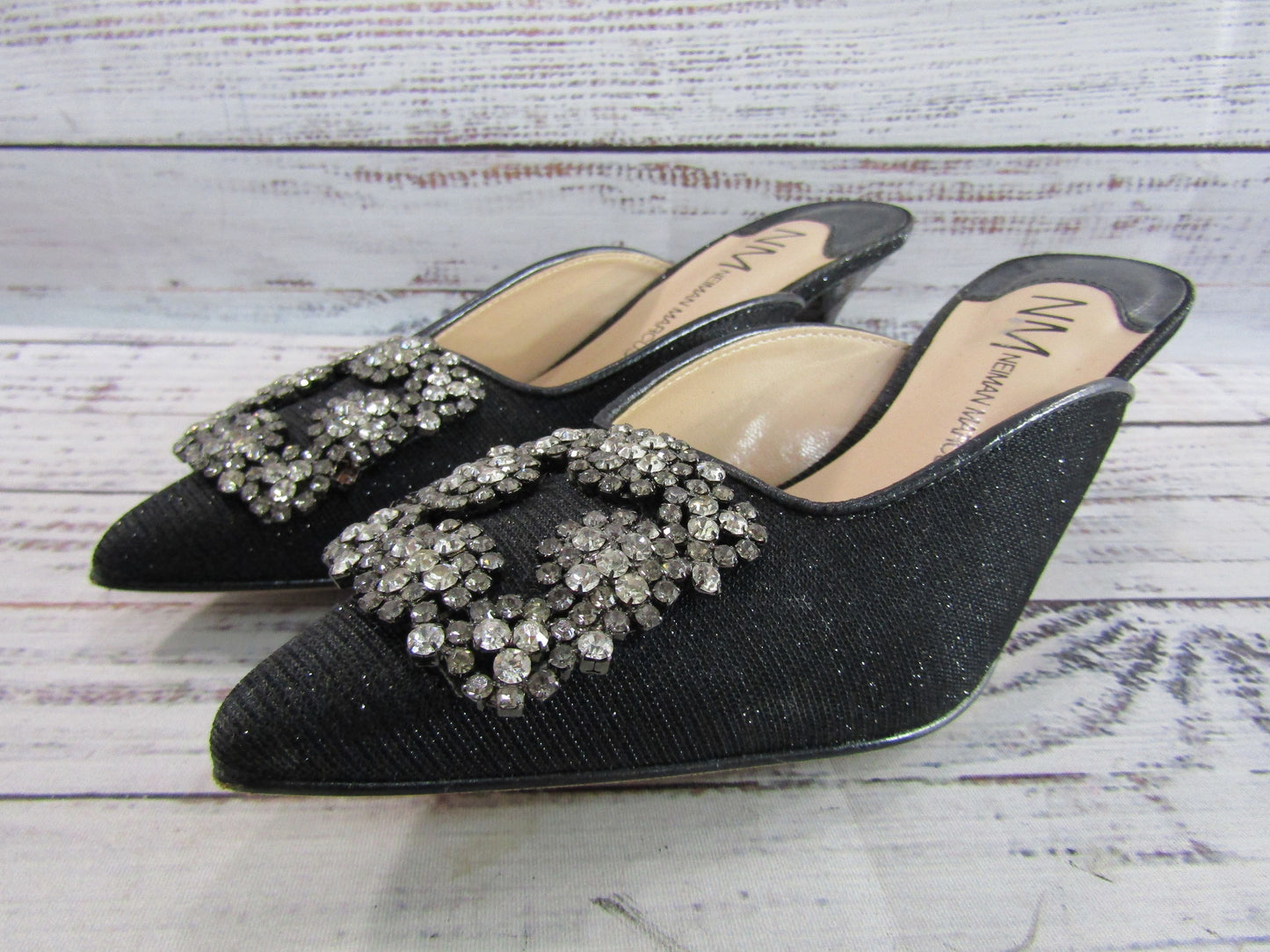 Neiman Marcus Women's Black Glitter Embellished Kitten Heel Mule Sandals Sz 5.5
