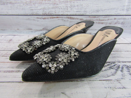 Neiman Marcus Women's Black Glitter Embellished Kitten Heel Mule Sandals Sz 5.5
