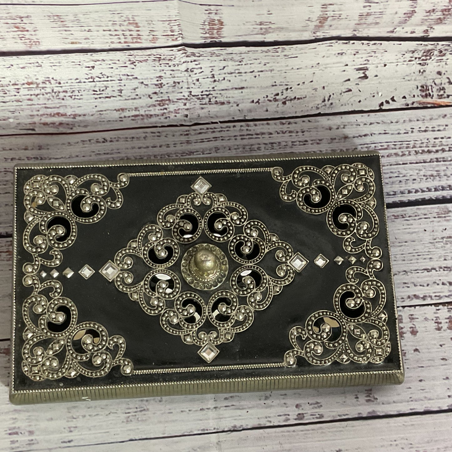 VTG. Ornate Enamel Mirrored Metal Jewelry Trinket Box-4.5" x 7.25"