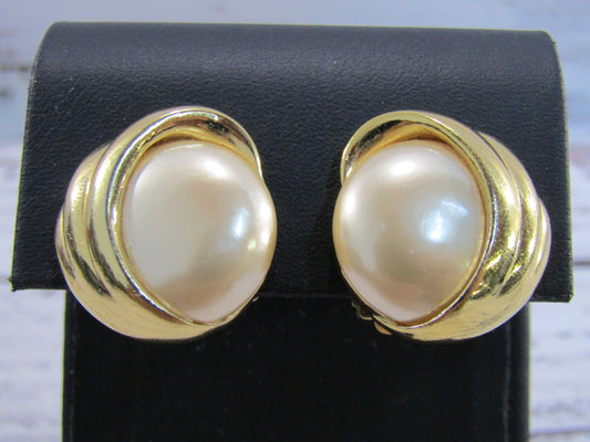 Vintage Aldo Cipullo Gold Plated Faux Pearl Clip-On Earrings