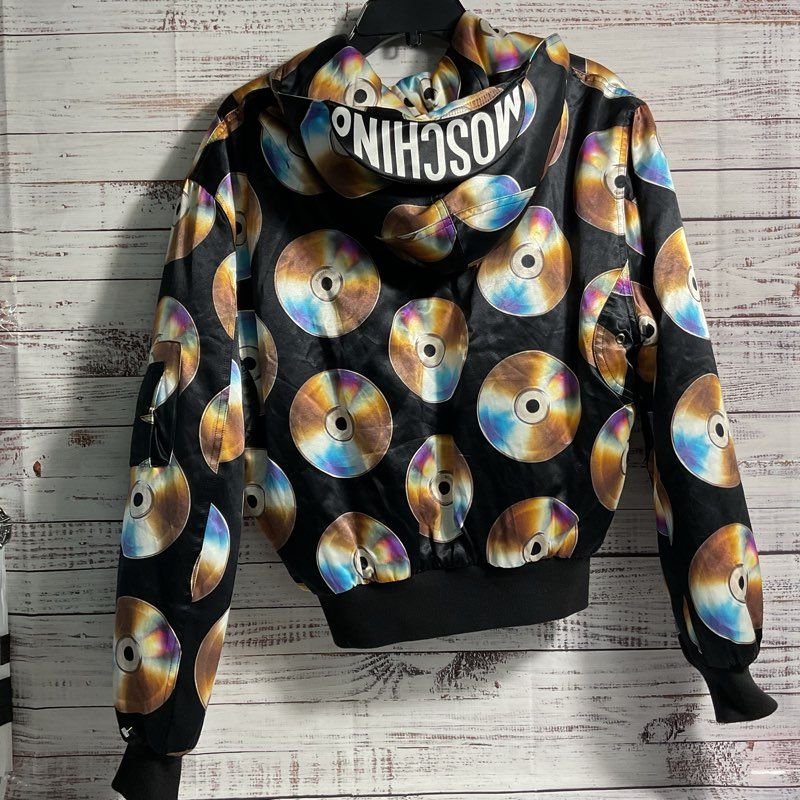 H&M Black CD All Over Print Hooded Bomber Jacket - Size XS