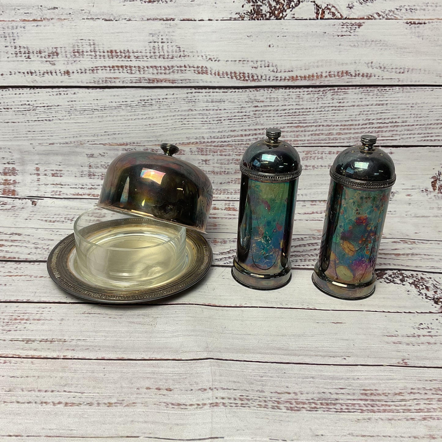 Gorham Maestri Silver Platted Salt And Peppershaker + Covered Glass Butter Dish