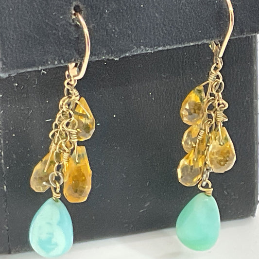 14K/20 Gold Plated Citrine & Amazonite Dangle Earrings