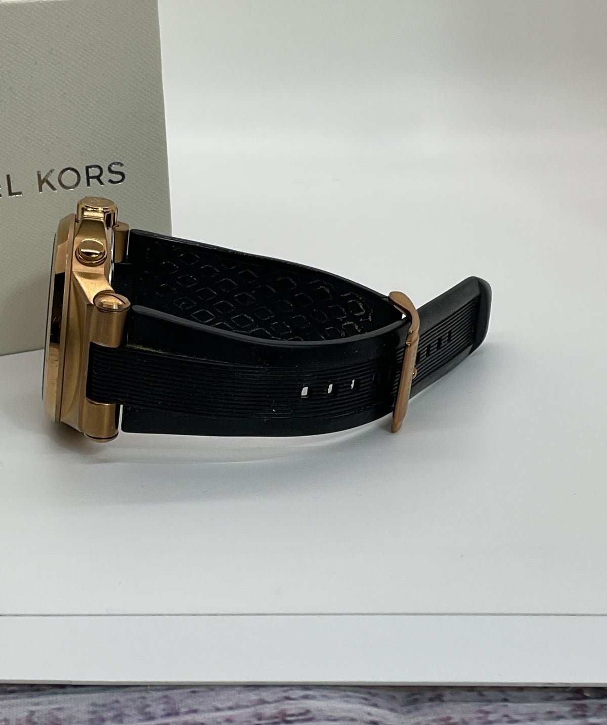 MICHAEL KORS MK-8184 Gold Tone Chronograph Black Silicone Band Watch