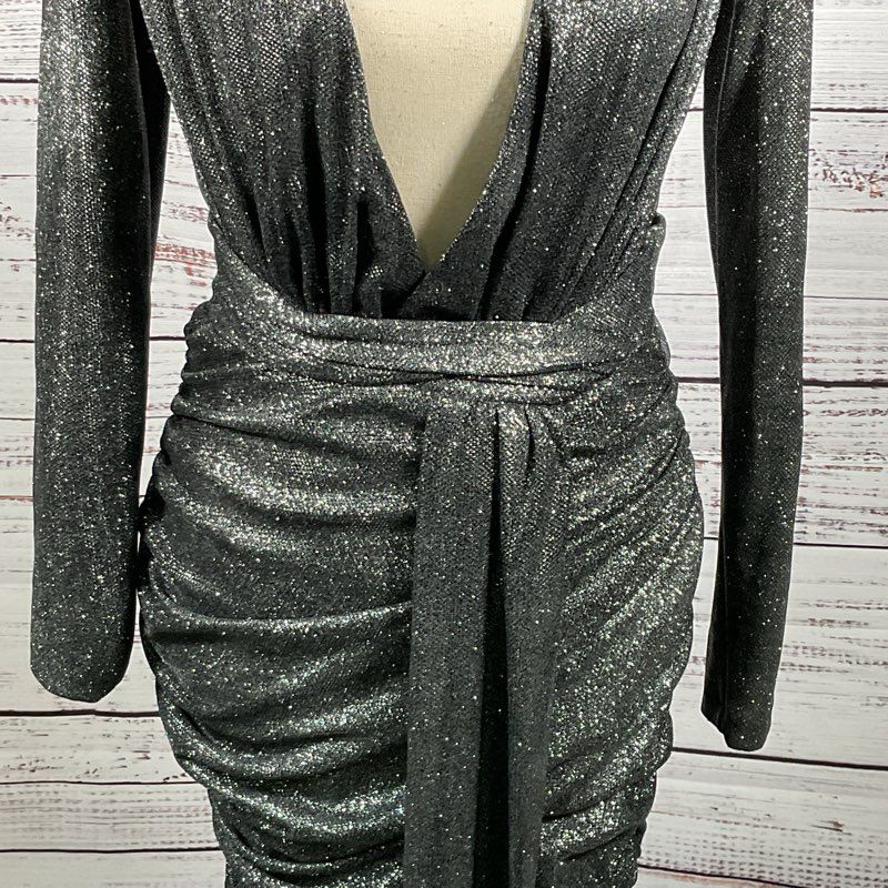 HOUSE of CB London Women Black Glitter Ruched Pleated Low V-Neck Dress- SZ XS