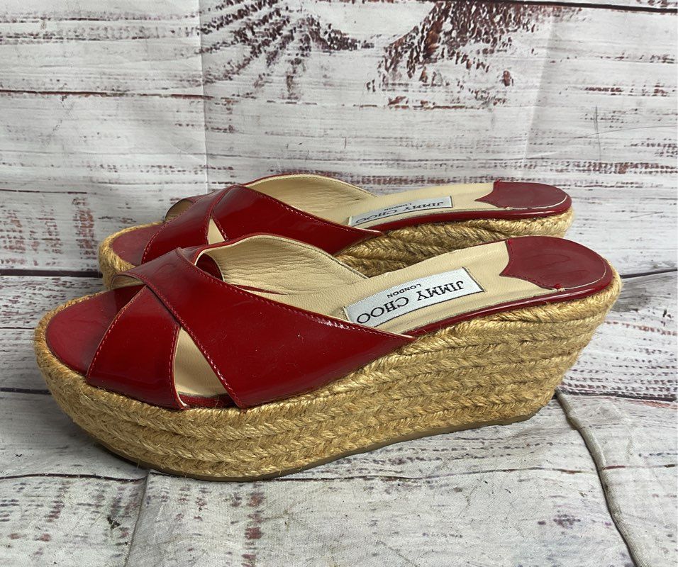 Jimmy Choo Paisley Patent Leather Espadrille Wedges Red 36
