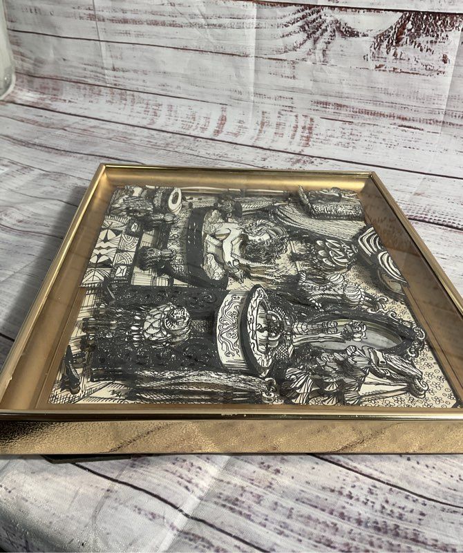 Vintage Black & White 3D Art Print of Women Bathing in Tub Gold Frame 11"X 9"