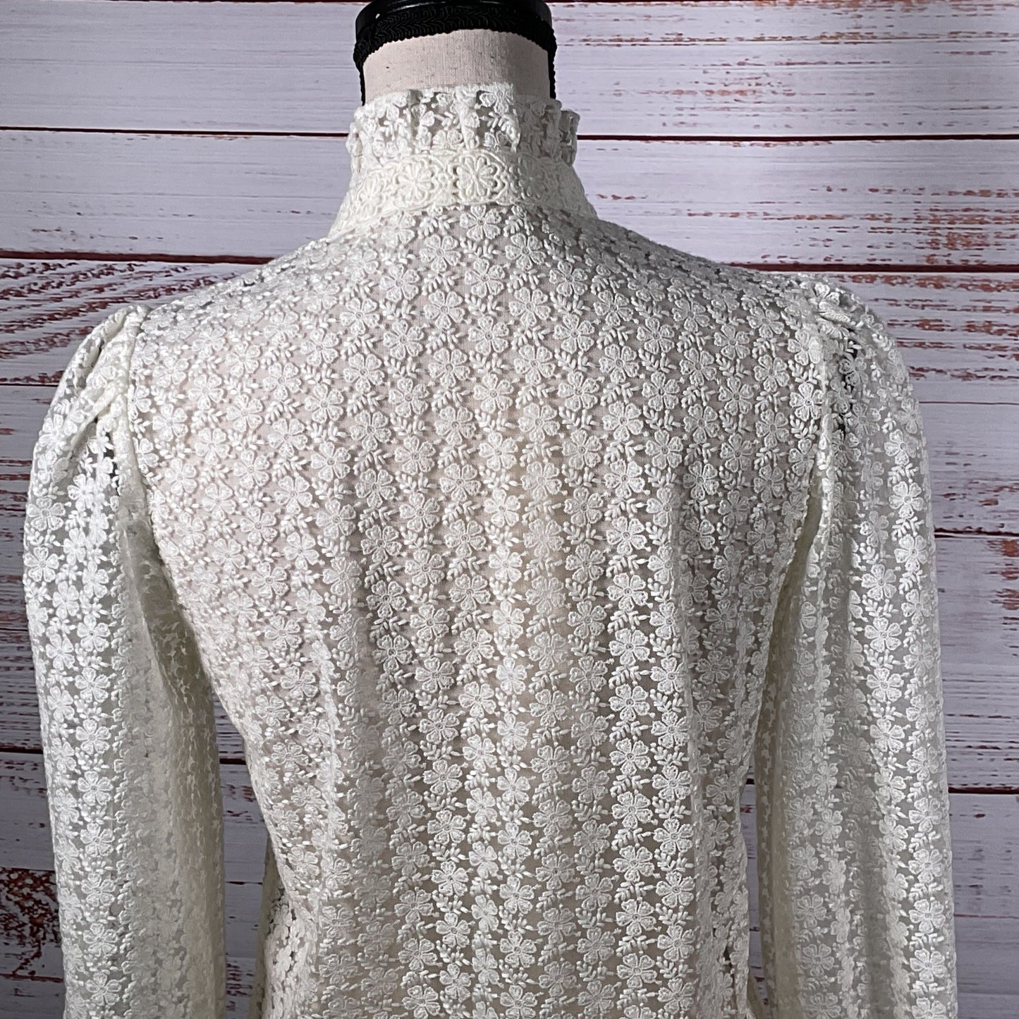 SEZANE Women's White Floral Lace Funnel Neck Long Sleeve Button-Up Blouse- SZ 34