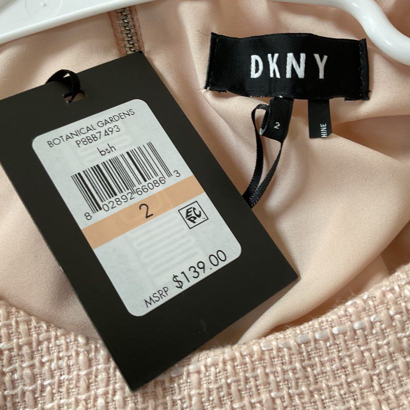 NWT DKNY Women's Peach Tweed Shift Dress with Flower Brooch- SZ 4