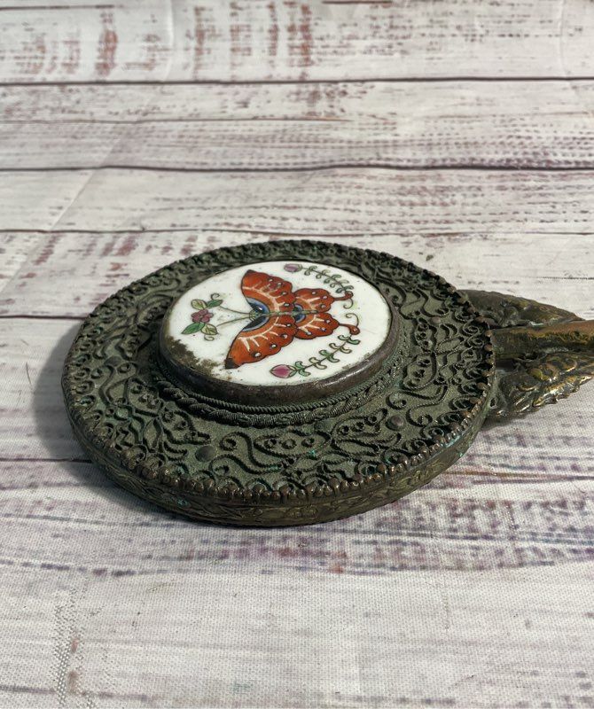 Chinese Jade Handle Mirror Hand Painted Porcelain Butterfly Vanity Export Box