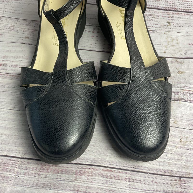 Salvatore Ferragamo Black Pebbled Leather T Strap Low Wedge Sandal Women's 7