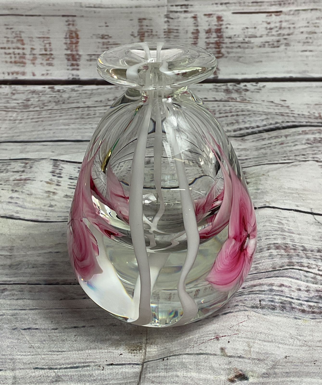 Robert Held Vintage Floral Hand Blown Glass Vase Clear Pink