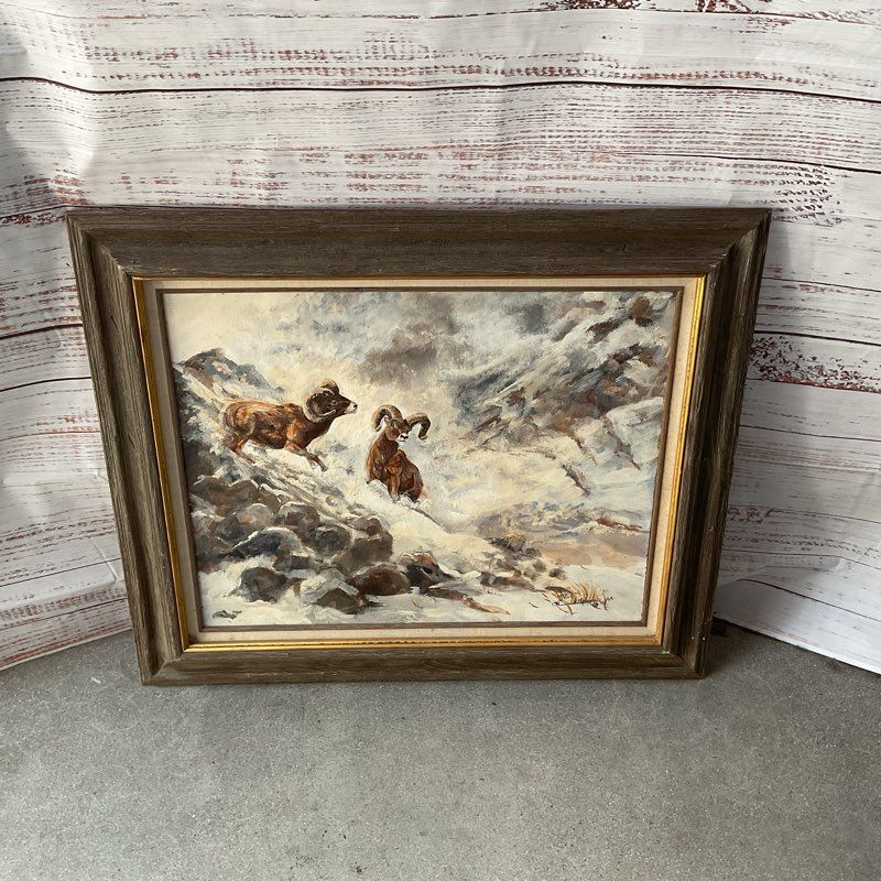 1991 Rich Pelletreau Painting of Two Bighorn Sheep on a Snowy Peak 36" Framed
