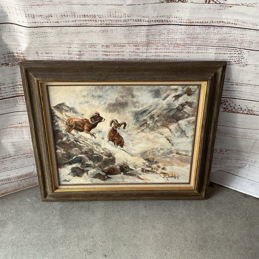 1991 Rich Pelletreau Painting of Two Bighorn Sheep on a Snowy Peak 36" Framed