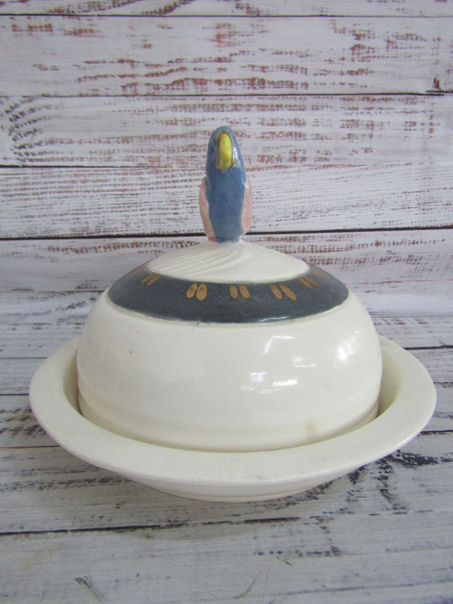 Vintage Artist Signed Handcrafted Parrot Motif Covered Butter / Cheese Plate
