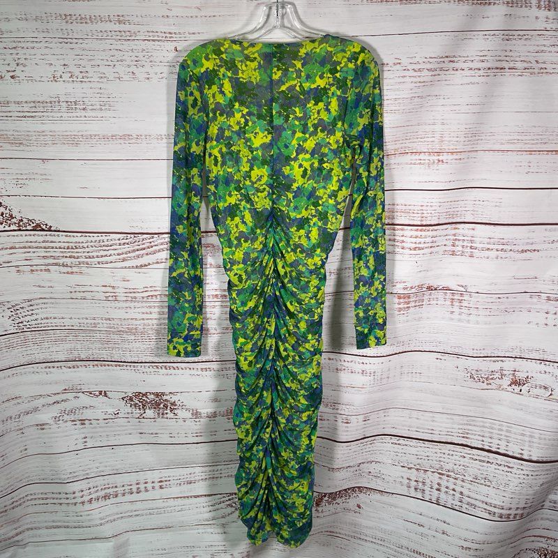 Ganni Green & Blue Floral Print Ruched Mesh L/S Scoop Neck Midi Dress - Size 36