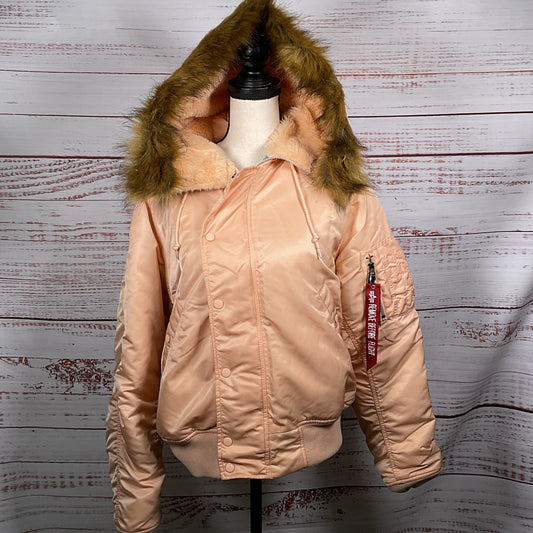 ALPHA INDUSTRIES Women's Pink/Peach Bomber Jacket with Faux Fur Hoodie- SZ M
