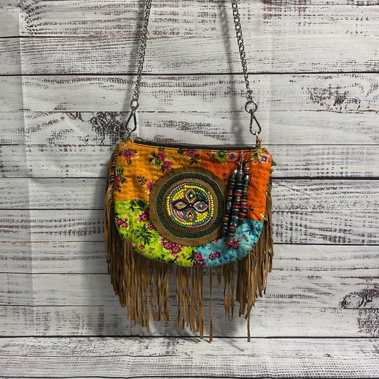 Antik Batik Beaded Tasseled Floral Pattern Patchwork Crossbody Boho Hippie Purse