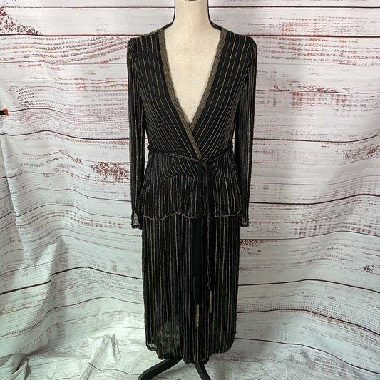 VTG. Judith Ann Creations Beaded Black Silk Belted Faux Wrap Dress - Size M