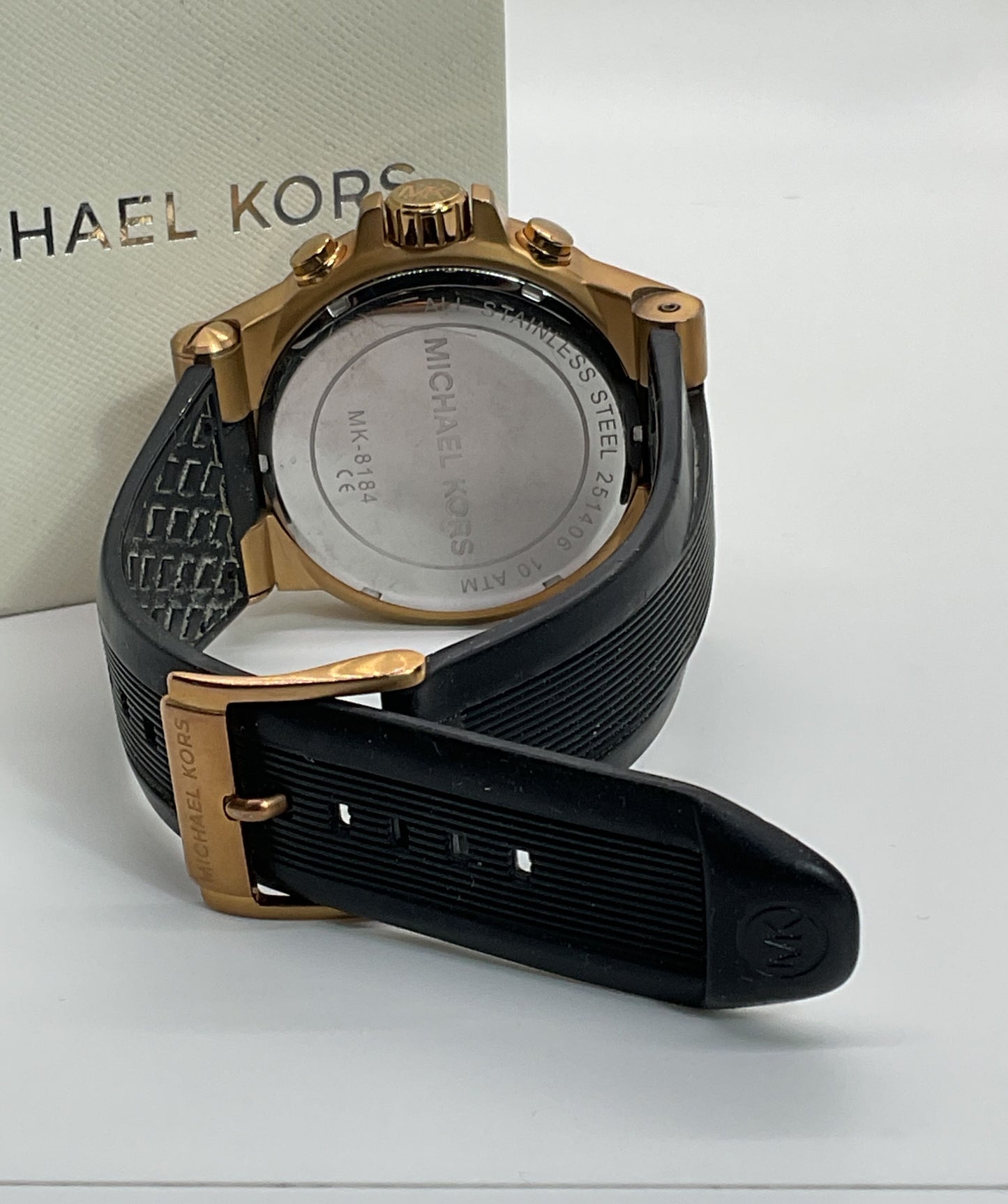 MICHAEL KORS MK-8184 Gold Tone Chronograph Black Silicone Band Watch