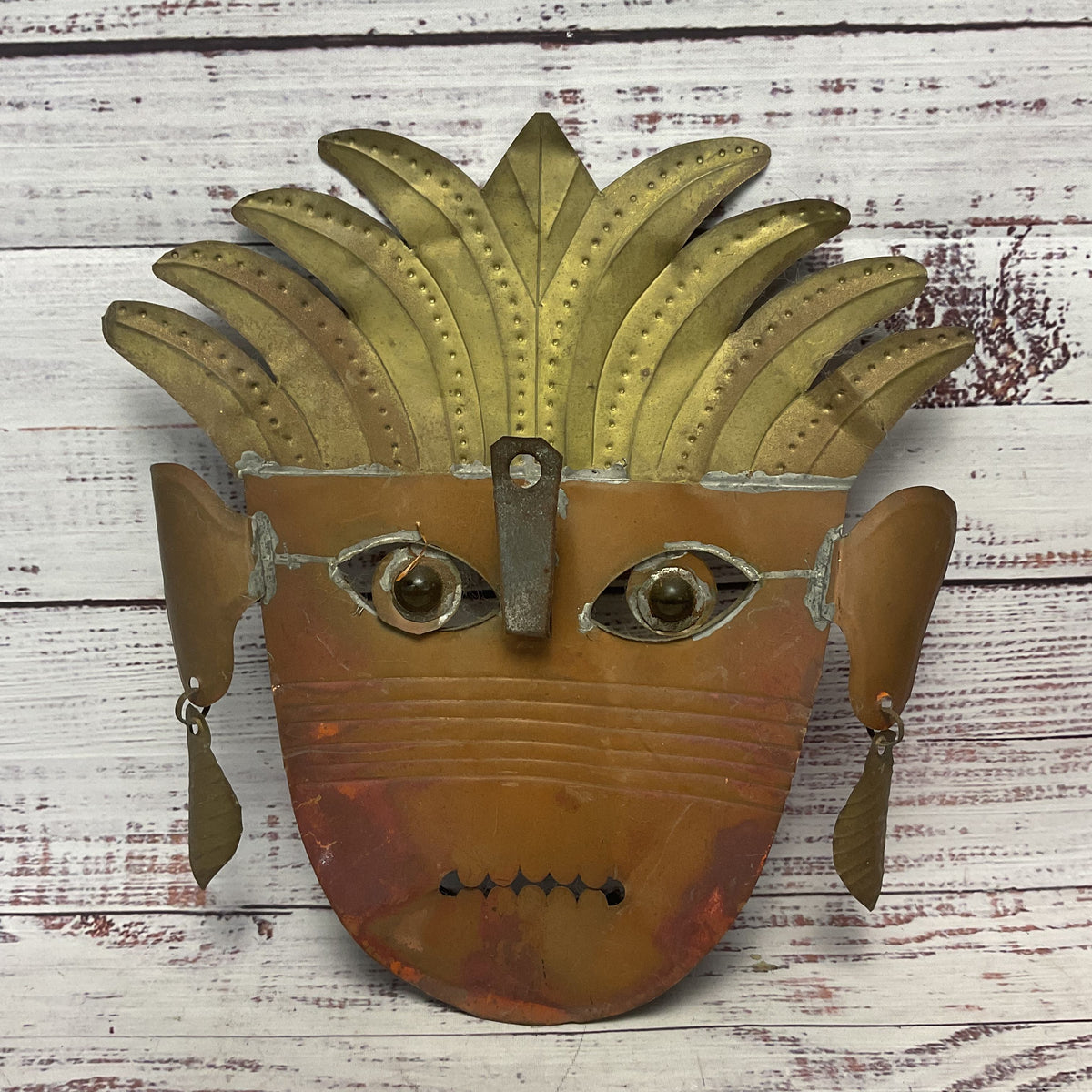 Tooled Embossed Metal Glass Bead Eye Mexican Wall Mask
